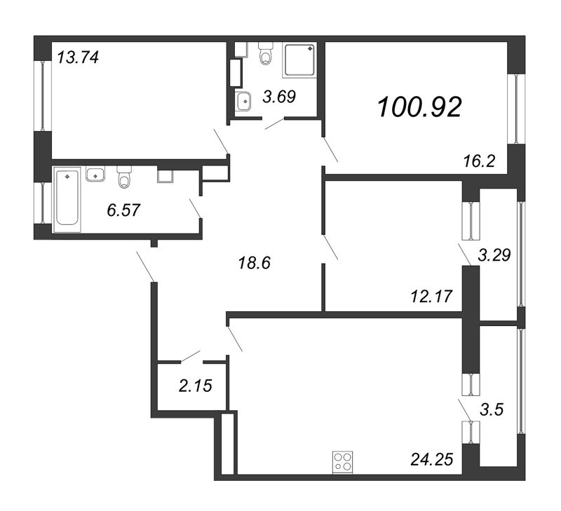 4-комнатная (Евро) квартира, 100.92 м² в ЖК "Modum" - планировка, фото №1