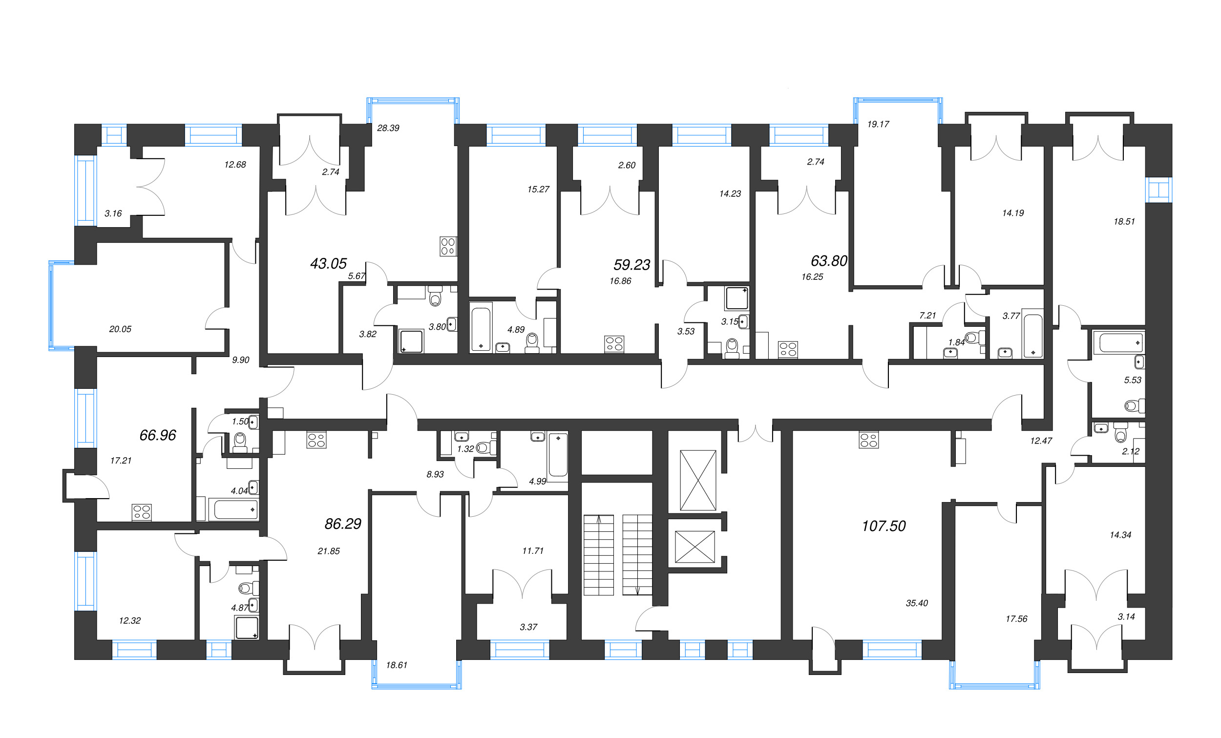 3-комнатная квартира, 86.29 м² в ЖК "Наука" - планировка этажа