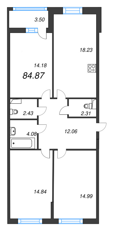 4-комнатная (Евро) квартира, 84.87 м² в ЖК "Аквилон Leaves" - планировка, фото №1