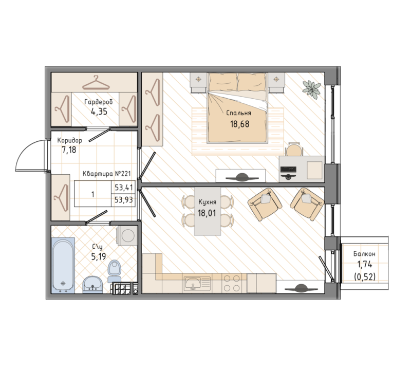 1-комнатная квартира, 54.3 м² в ЖК "Мануфактура James Beck" - планировка, фото №1