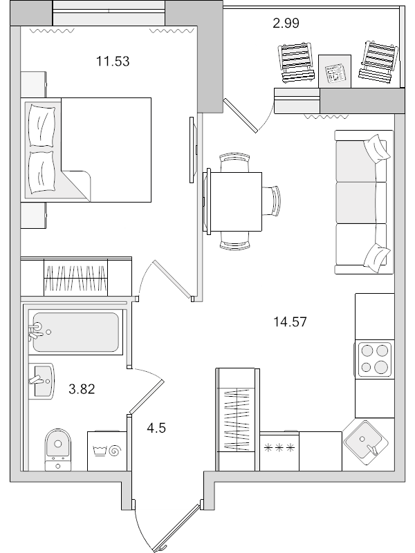 2-комнатная (Евро) квартира, 34.42 м² в ЖК "Parkolovo" - планировка, фото №1