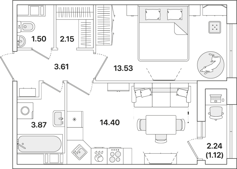 2-комнатная (Евро) квартира, 40.18 м² в ЖК "Академик" - планировка, фото №1