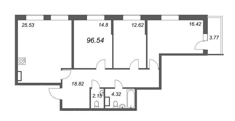 4-комнатная (Евро) квартира, 95.4 м² в ЖК "Аквилон Zalive" - планировка, фото №1