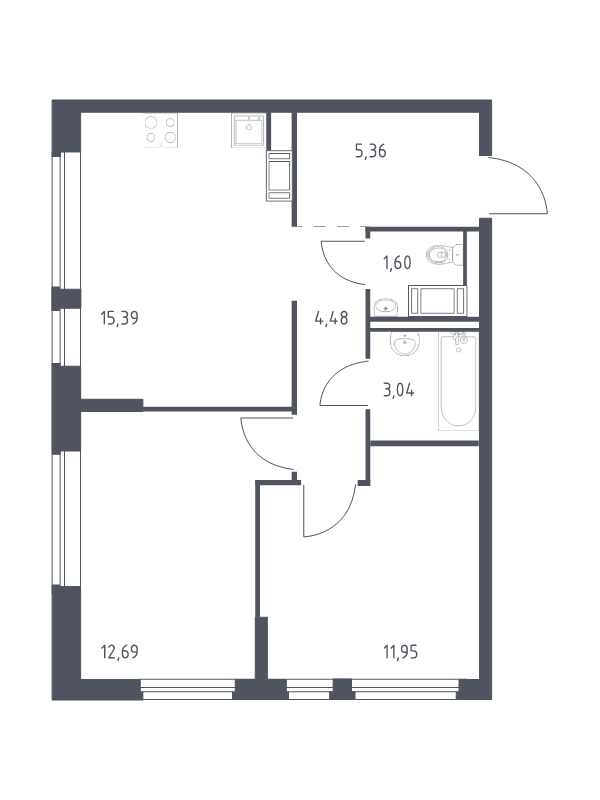 3-комнатная (Евро) квартира, 54.51 м² - планировка, фото №1
