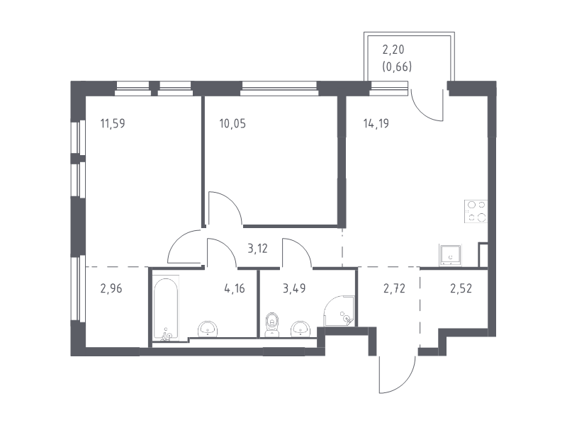 2-комнатная квартира, 55.46 м² в ЖК "Невская Долина" - планировка, фото №1
