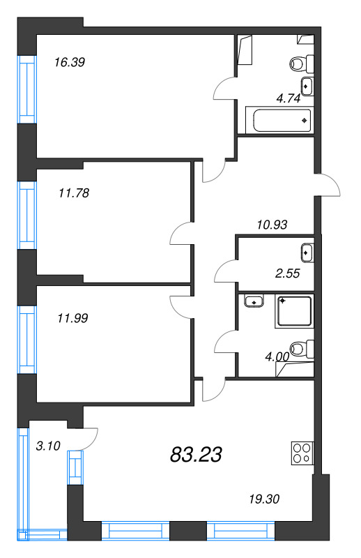 4-комнатная (Евро) квартира, 83.23 м² в ЖК "Аквилон Leaves" - планировка, фото №1