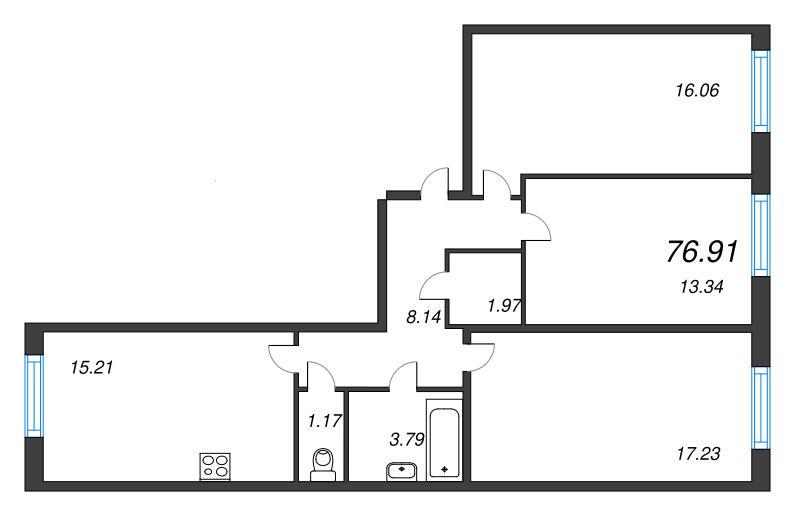4-комнатная (Евро) квартира, 76.91 м² в ЖК "OKLA" - планировка, фото №1