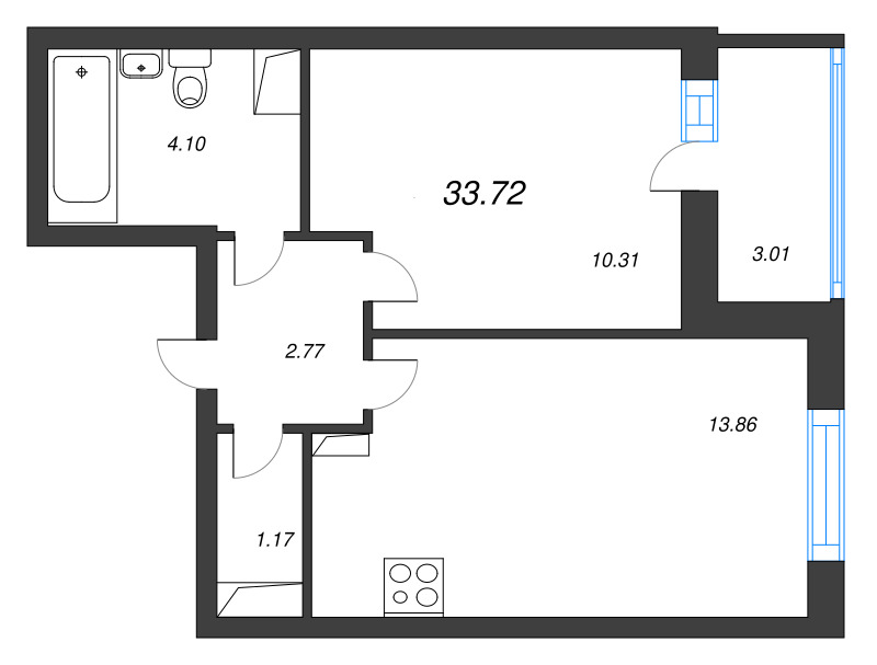 2-комнатная (Евро) квартира, 33.72 м² в ЖК "Кинопарк" - планировка, фото №1
