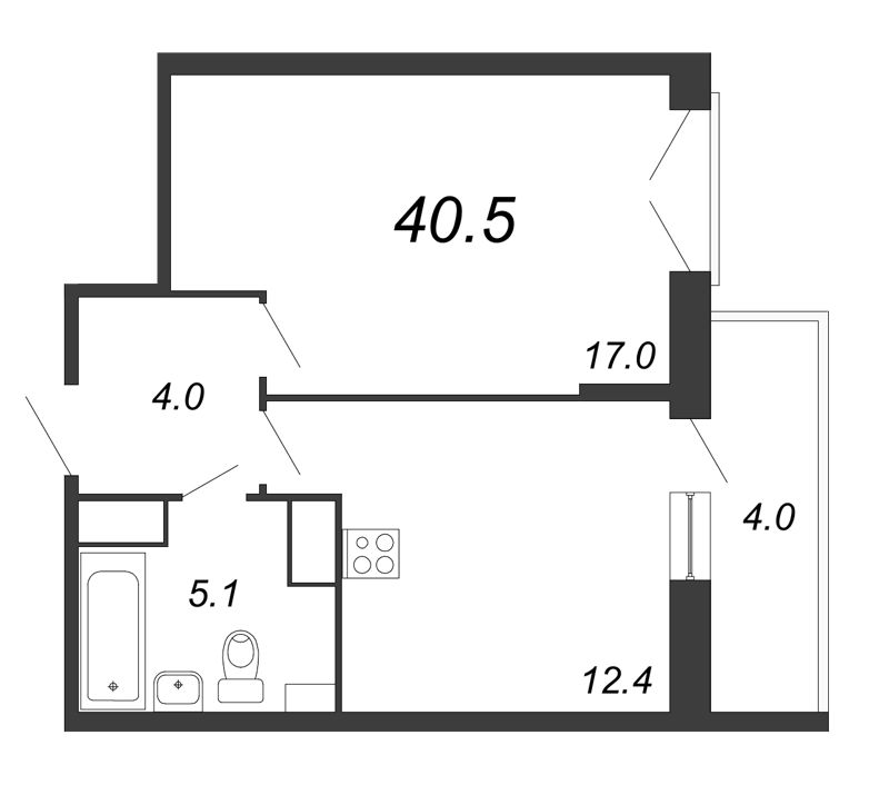 1-комнатная квартира, 41 м² в ЖК "Квартал Che" - планировка, фото №1