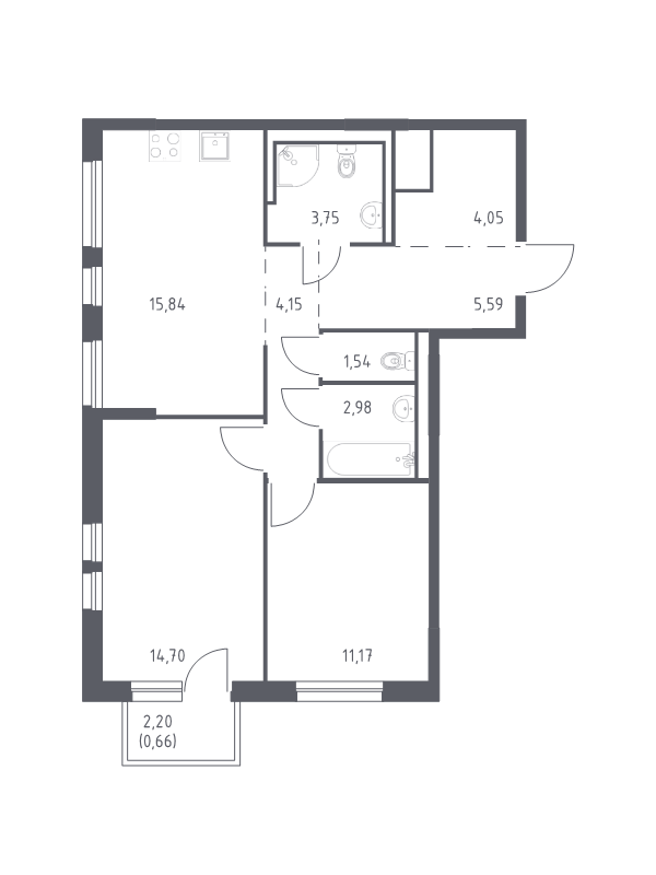 3-комнатная (Евро) квартира, 64.43 м² в ЖК "Невская Долина" - планировка, фото №1