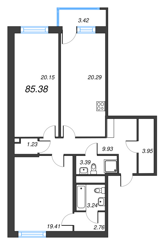 3-комнатная (Евро) квартира, 84.35 м² в ЖК "OKLA" - планировка, фото №1