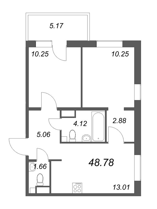 2-комнатная квартира, 48.88 м² - планировка, фото №1