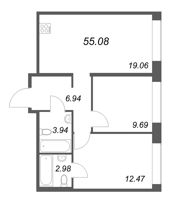 3-комнатная (Евро) квартира, 55.08 м² в ЖК "Avant" - планировка, фото №1
