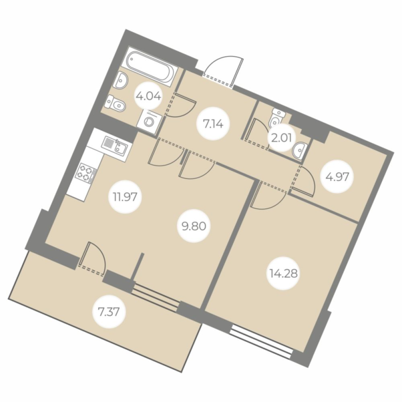 3-комнатная (Евро) квартира, 56.42 м² в ЖК "БФА в Озерках" - планировка, фото №1