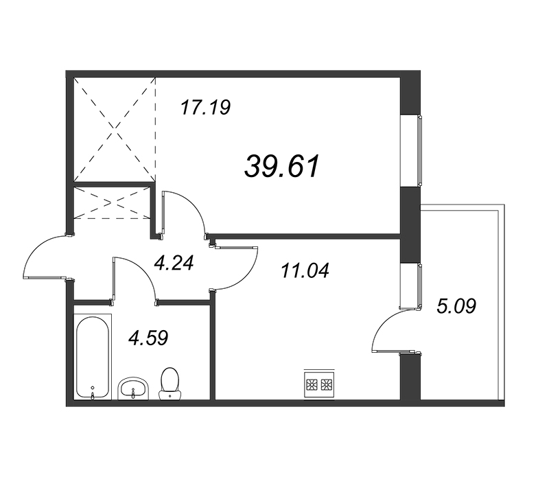 1-комнатная квартира, 37.06 м² - планировка, фото №1