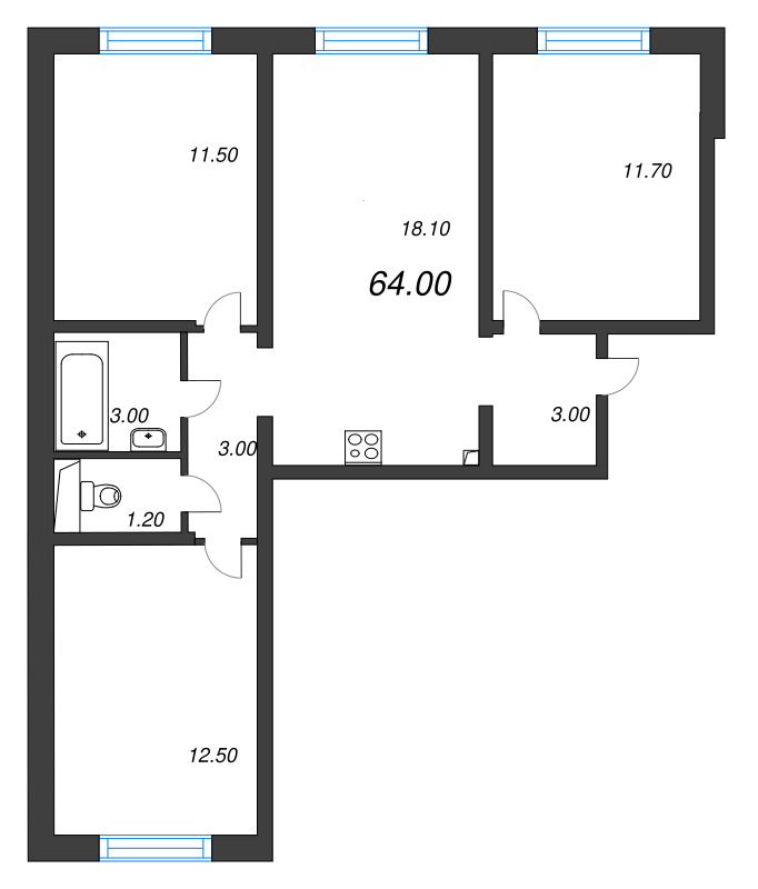4-комнатная (Евро) квартира, 64 м² в ЖК "Цветной город" - планировка, фото №1