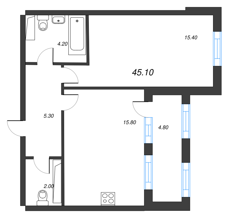 2-комнатная (Евро) квартира, 45.1 м² в ЖК "Тайм Сквер" - планировка, фото №1