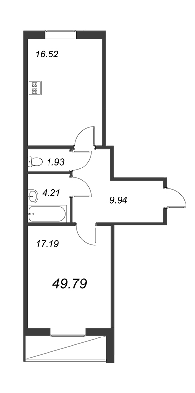 1-комнатная квартира, 49.79 м² - планировка, фото №1
