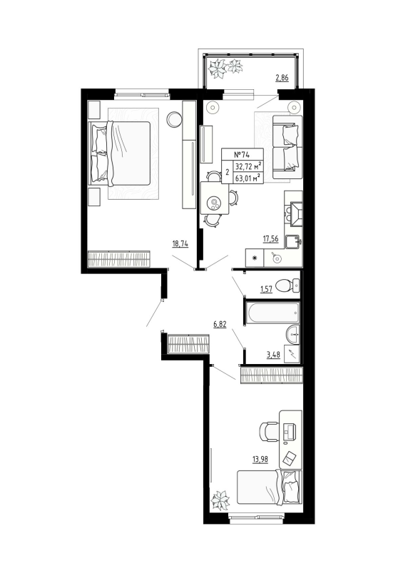 3-комнатная (Евро) квартира, 63.01 м² - планировка, фото №1