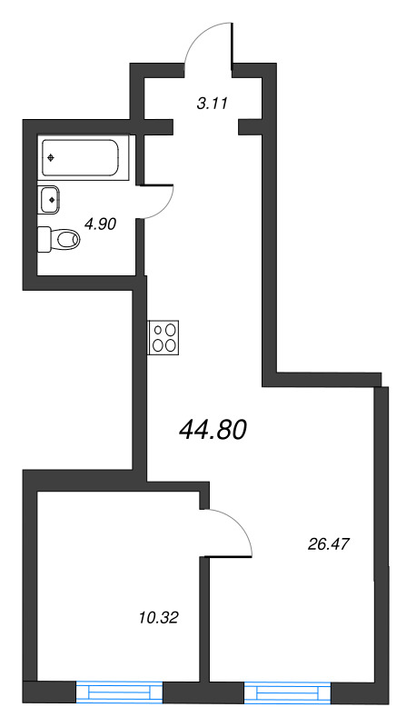 1-комнатная квартира, 44.8 м² в ЖК "Эко Квартал Гармония" - планировка, фото №1