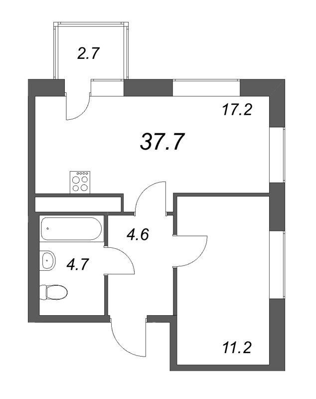 2-комнатная (Евро) квартира, 37.7 м² в ЖК "Куинджи" - планировка, фото №1