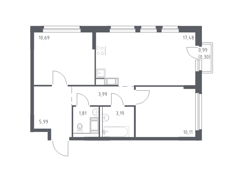 3-комнатная (Евро) квартира, 53.56 м² - планировка, фото №1