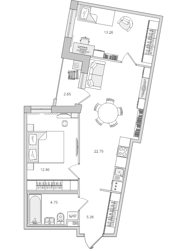 3-комнатная (Евро) квартира, 58.88 м² в ЖК "Город Первых" - планировка, фото №1