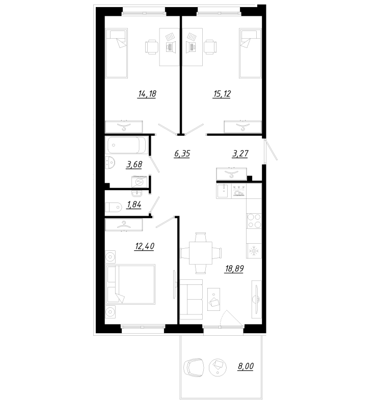 4-комнатная (Евро) квартира, 78.1 м² в ЖК "Счастье 2.0" - планировка, фото №1