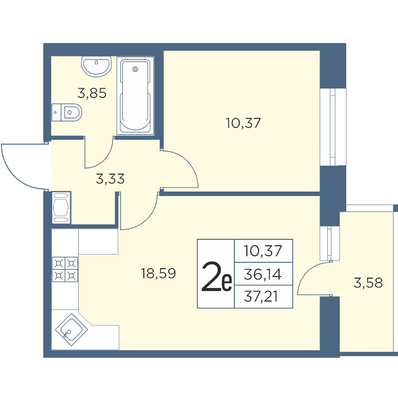2-комнатная (Евро) квартира, 37.21 м² в ЖК "Новый Лесснер" - планировка, фото №1