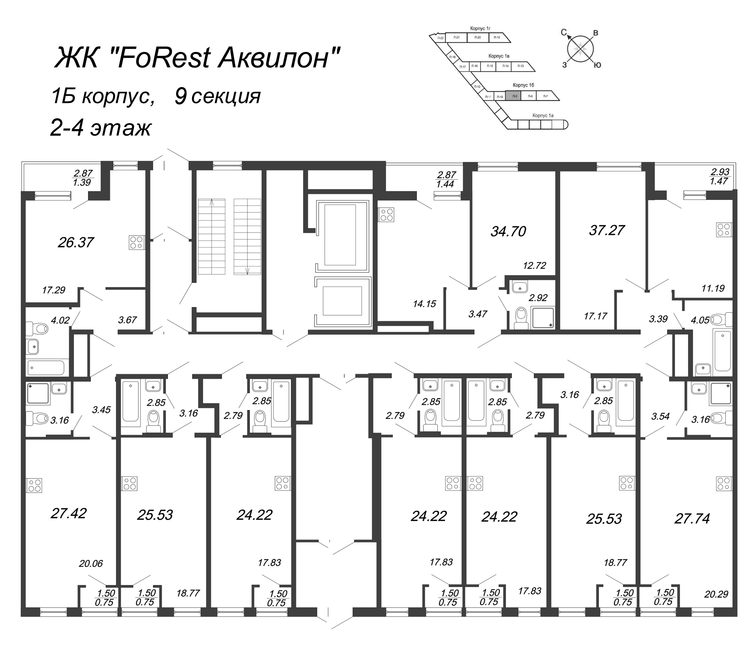 Квартира-студия, 24.1 м² в ЖК "FoRest Аквилон" - планировка этажа