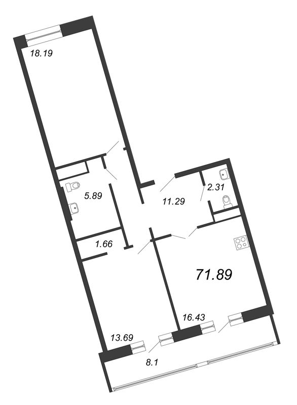 2-комнатная квартира, 71.89 м² - планировка, фото №1
