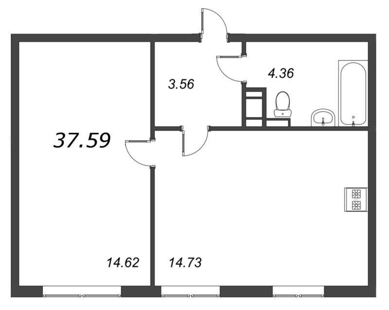 2-комнатная (Евро) квартира, 37.59 м² - планировка, фото №1