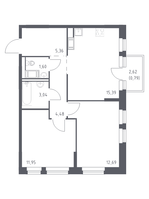 3-комнатная (Евро) квартира, 55.3 м² - планировка, фото №1