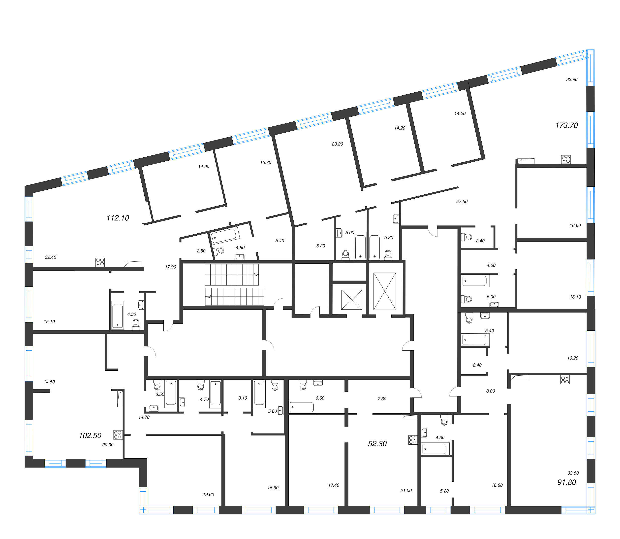 6 ккв (Евро), 173.7 м² в ЖК "ЛДМ" - планировка этажа