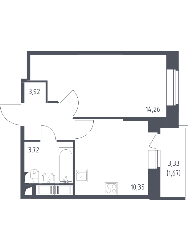 1-комнатная квартира, 33.92 м² - планировка, фото №1