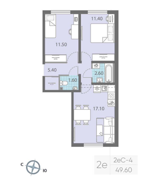 3-комнатная (Евро) квартира, 49.6 м² - планировка, фото №1