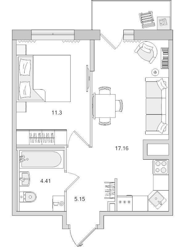 2-комнатная (Евро) квартира, 38.02 м² в ЖК "Город Первых" - планировка, фото №1