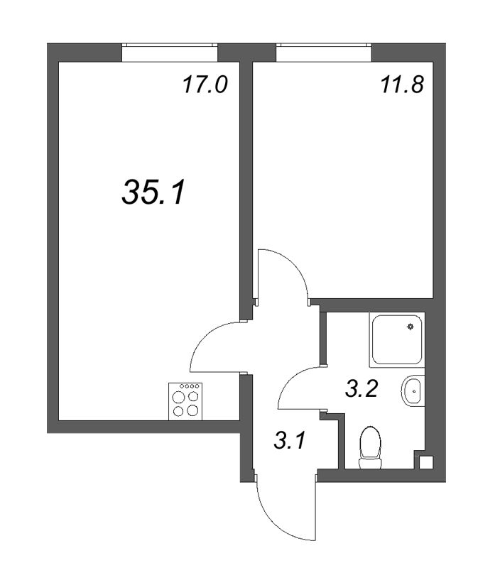 2-комнатная (Евро) квартира, 35.1 м² в ЖК "Октябрьская набережная" - планировка, фото №1
