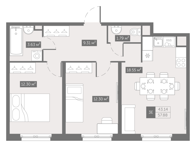 3-комнатная (Евро) квартира, 57.88 м² в ЖК "Zoom на Неве" - планировка, фото №1