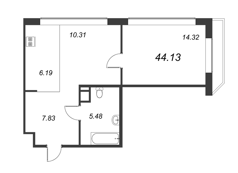 2-комнатная (Евро) квартира, 44.41 м² в ЖК "Akzent" - планировка, фото №1