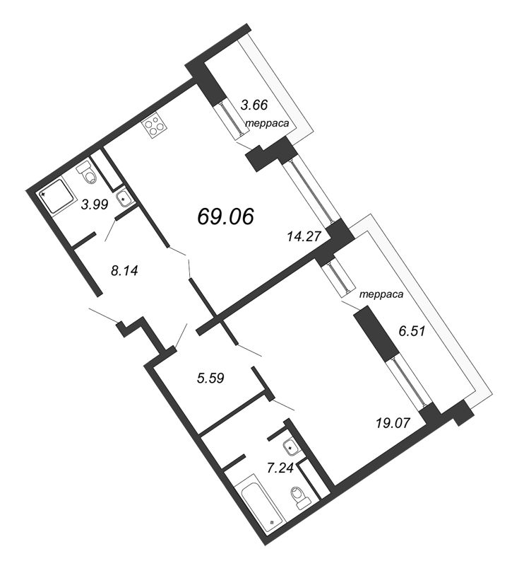 2-комнатная (Евро) квартира, 69.06 м² - планировка, фото №1
