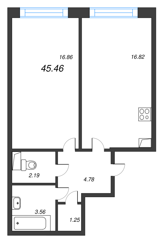 2-комнатная (Евро) квартира, 45.46 м² в ЖК "Cube" - планировка, фото №1