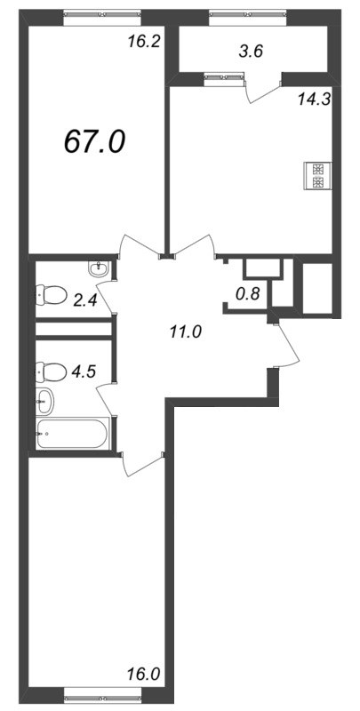 2-комнатная квартира, 67.2 м² в ЖК "Галактика" - планировка, фото №1