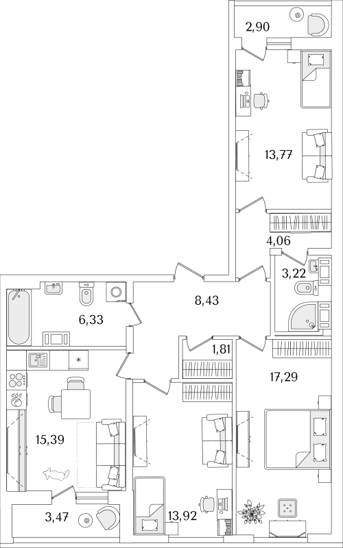 4-комнатная (Евро) квартира, 87.41 м² в ЖК "Лайнеръ" - планировка, фото №1