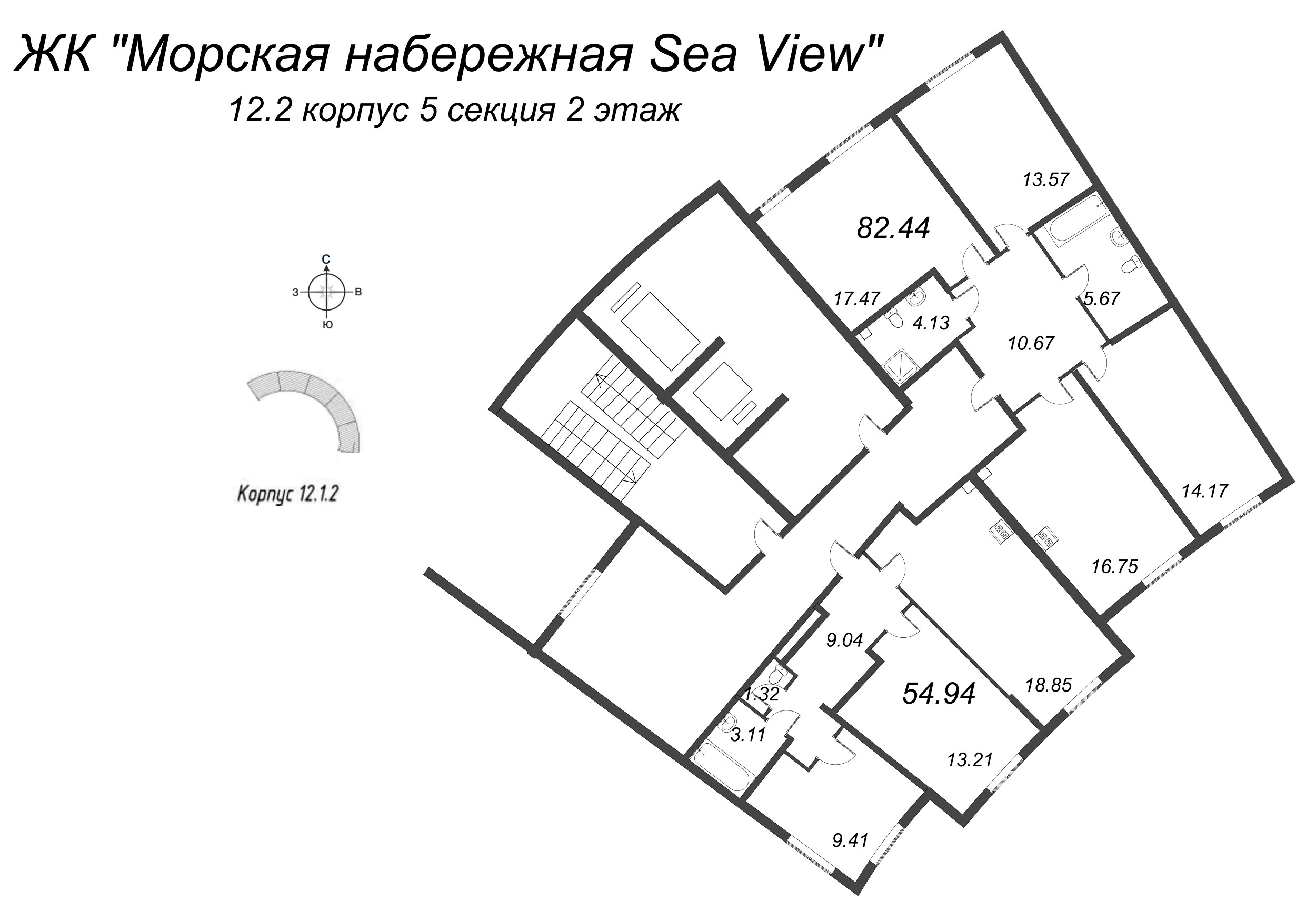 4-комнатная (Евро) квартира, 82.44 м² в ЖК "Морская набережная. SeaView" - планировка этажа