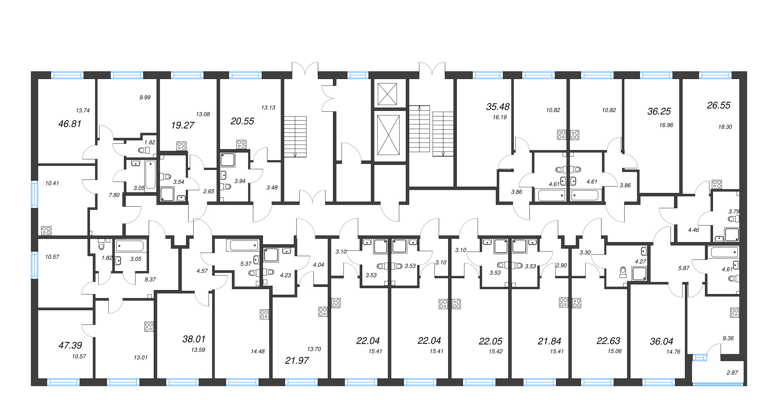 2-комнатная квартира, 46.81 м² - планировка этажа