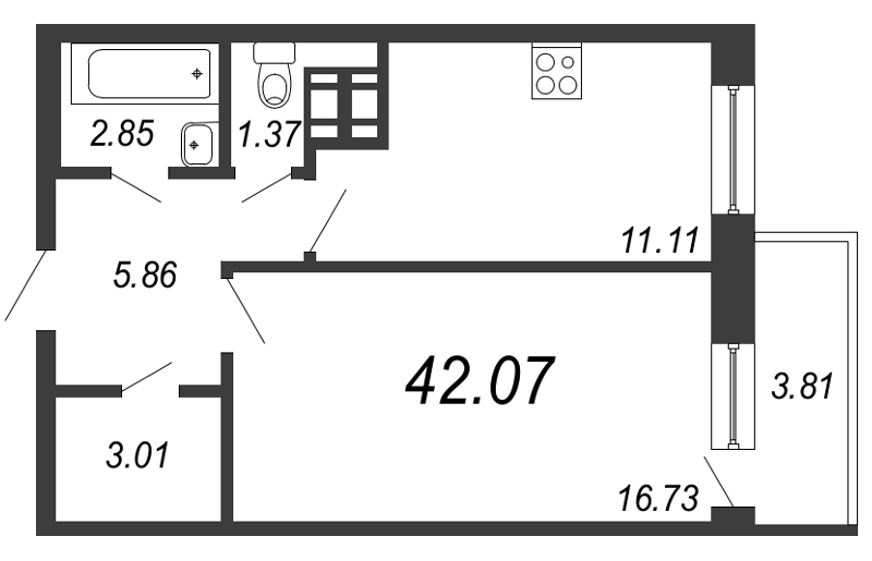 1-комнатная квартира, 42.4 м² в ЖК "Новое Горелово" - планировка, фото №1