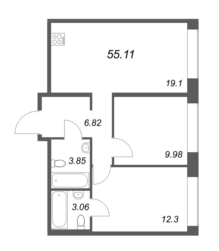 3-комнатная (Евро) квартира, 55.11 м² в ЖК "Avant" - планировка, фото №1