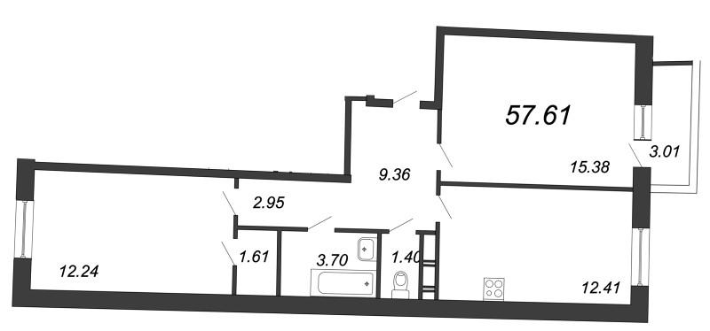 2-комнатная квартира, 57.61 м² - планировка, фото №1