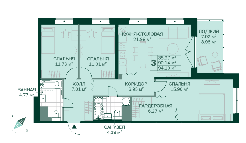 4-комнатная (Евро) квартира, 94.1 м² в ЖК "Magnifika Residence" - планировка, фото №1